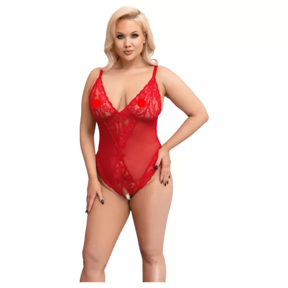 Cottelli Curves - body de encaje transparente - rojo - 3XL