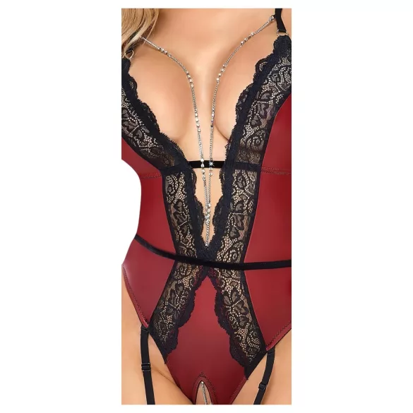 Abierta Fina - body abierto con liguero (negro-rojo) - M