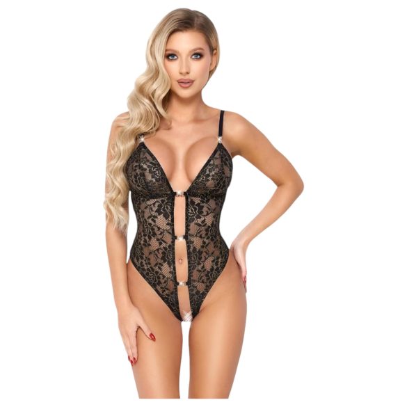 Abierta Fina - body abierto de encaje con strass (negro)