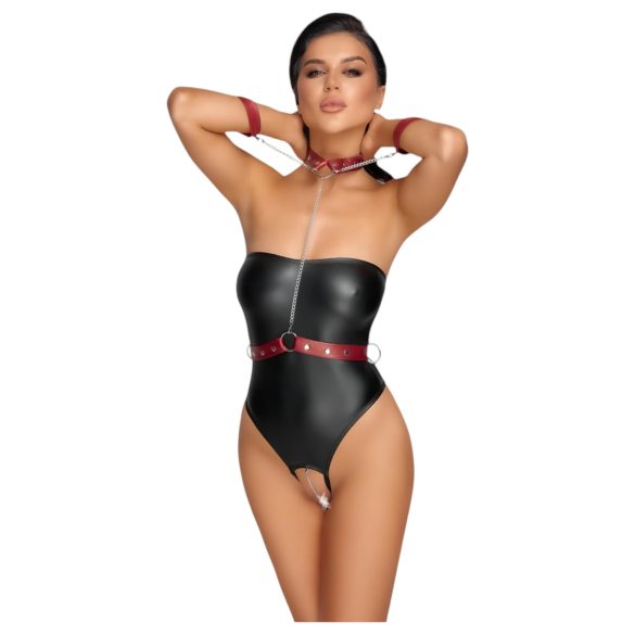 Cottelli Bondage - Body brillante y esposas para brazos (negro)