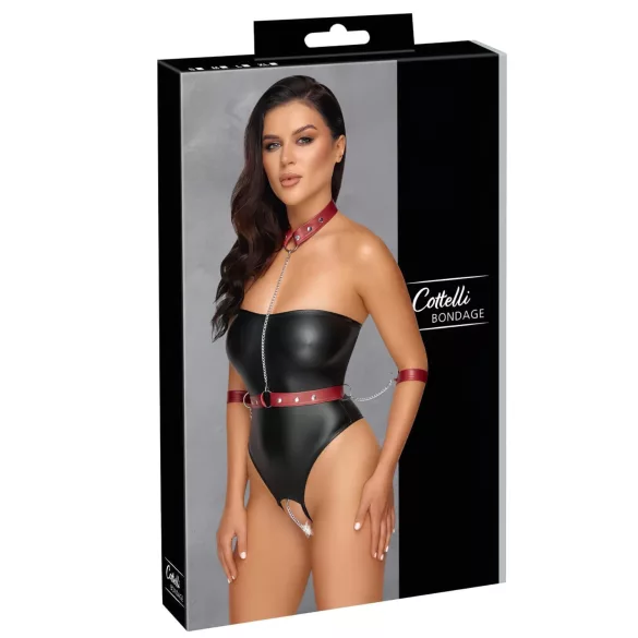 Cottelli Bondage - body brillante y esposas para brazos (negro)