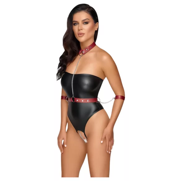 Cottelli Bondage - body brillante y esposas para brazos (negro)