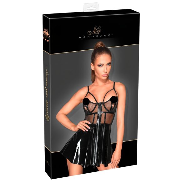 Noir - Vestido negro de charol con detalles de malla - L