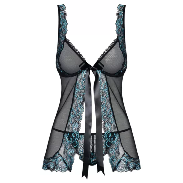 Obsessive - babydoll y tanga bordados - encaje negro turquesa