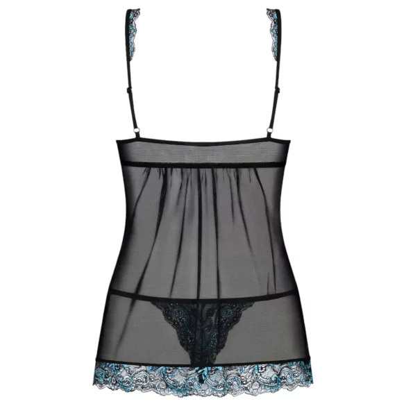 Obsessive - babydoll y tanga bordados - encaje negro turquesa