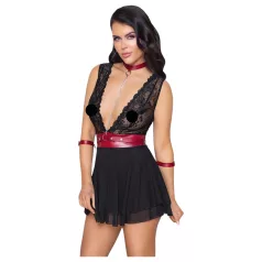 Cottelli Bondage - Babydoll de encaje con cuello (negro) - L