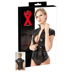   Top corto de látex negro para mujer con cremallera y manga corta