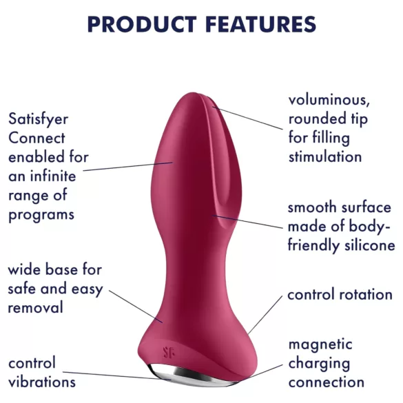 Satisfyer - Plug anal rotador recargable con perlas - silicona roja