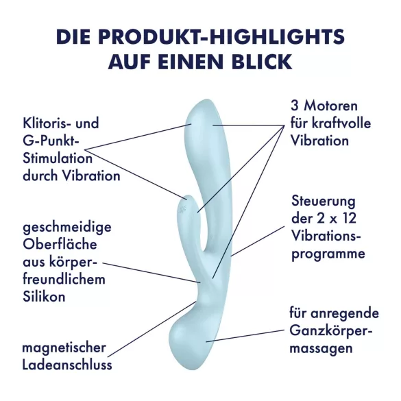 Satisfyer Triple Oh - vibrador recargable con estimulador de clítoris - azul