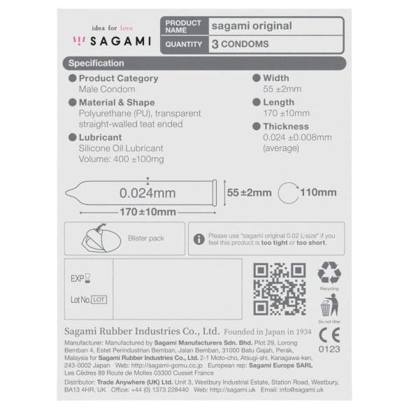 Sagami Original 0,02 - preservativo ultrafino - 55mm - 3 unidades