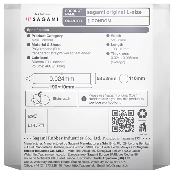 Sagami Original 0,02 L - preservativo ultrafino - 58mm - 1 unidad