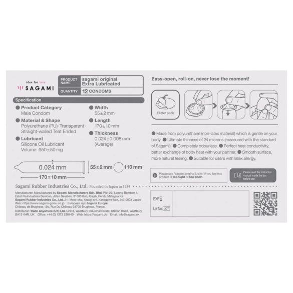 Sagami Original 0.02 - preservativo extra lubricado - 55mm - 12 unidades