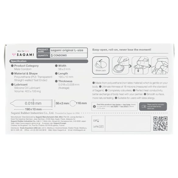 Sagami Original 0,01 L - preservativo ultrafino - 58mm - paquete 5 unidades