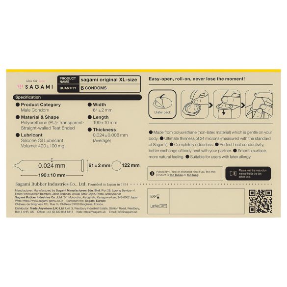 Sagami Original 0,02 XL - preservativo ancho 61mm - pack 6 unidades