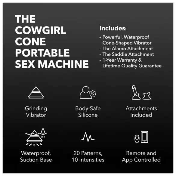 The Cowgirl Cone - máquina sexual premium controlada por app - con 2 accesorios intercambiables, 20 modos de vibración (negro)
