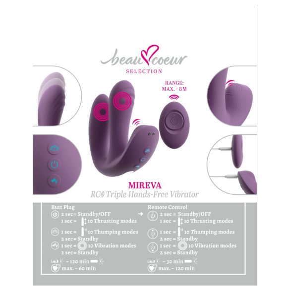 Beau Coeur Mireva - vibrador triple con mando - silicona lila