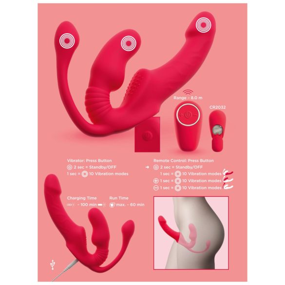 You2Toys Strapless - arnés con vibrador triple sin correas (rosa)