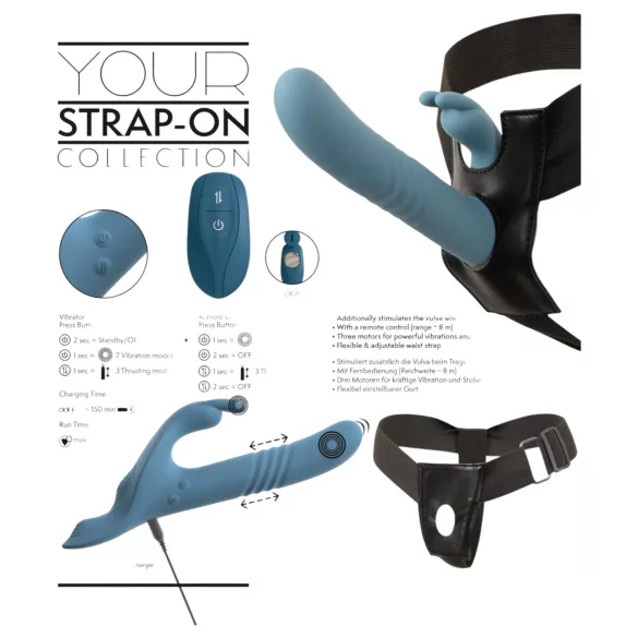 You2Toys - Vibrador conejito empujador con arnés de 3 piezas con mando a distancia (azul)