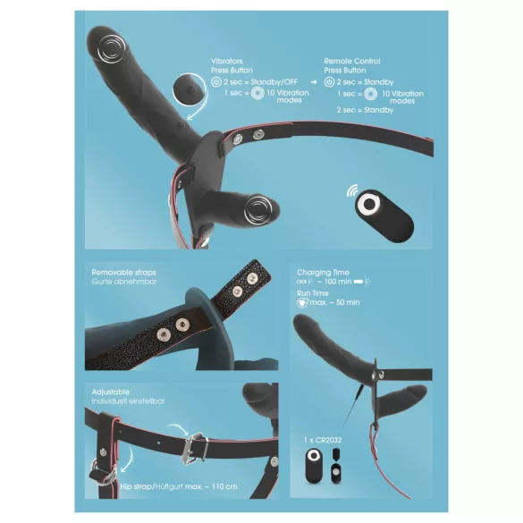 You2Toys - vibrador doble con arnés y mando a distancia (negro)
