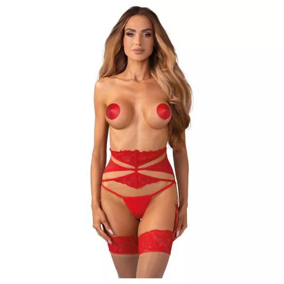 Obsessive Matildea - liguero con encaje y cadenas - rojo - L/XL