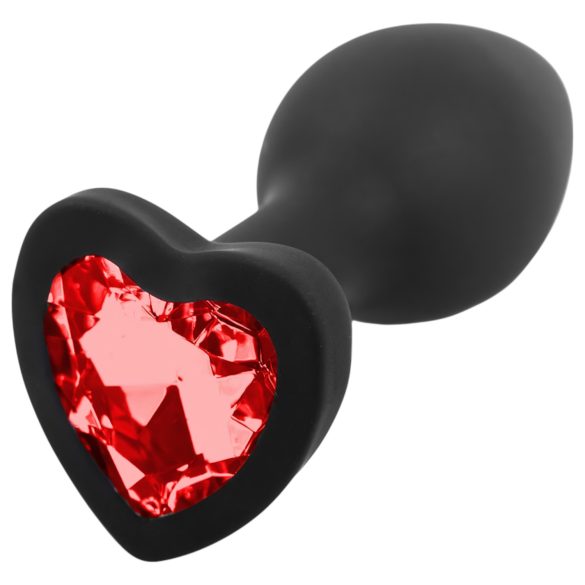 Sunfo - Plug anal de silicona con piedra roja en forma de corazón (negro)
