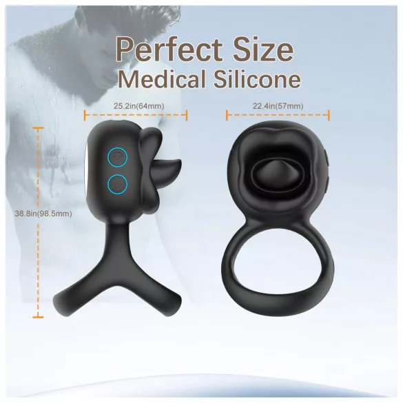 Biu-Biu - anillo para pene y vibrador de clítoris con lengua - silicona negra