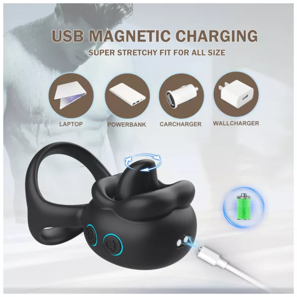 Biu-Biu - anillo para pene y vibrador de clítoris con lengua - silicona negra