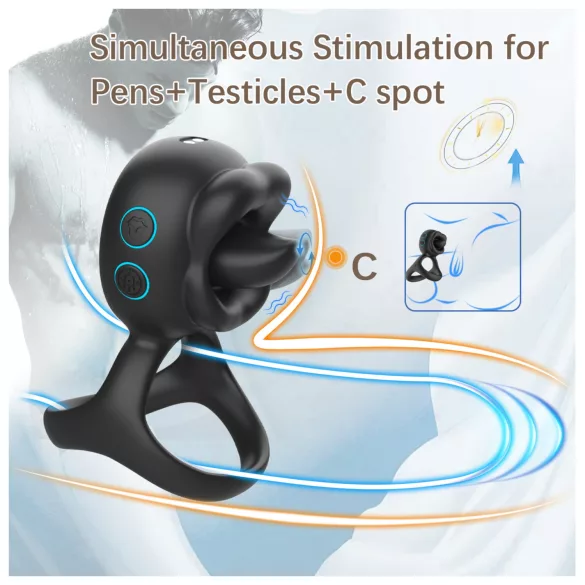 Biu-Biu - anillo para pene y vibrador de clítoris con lengua - silicona negra