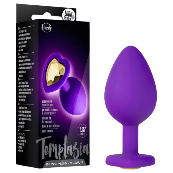 Temptasia M - consolador anal corazón con piedra dorada - silicona lila mediano