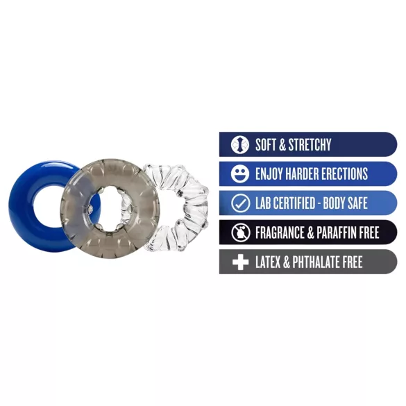 Stay Hard - set de anillos para pene variados - silicona - 3 piezas - colores