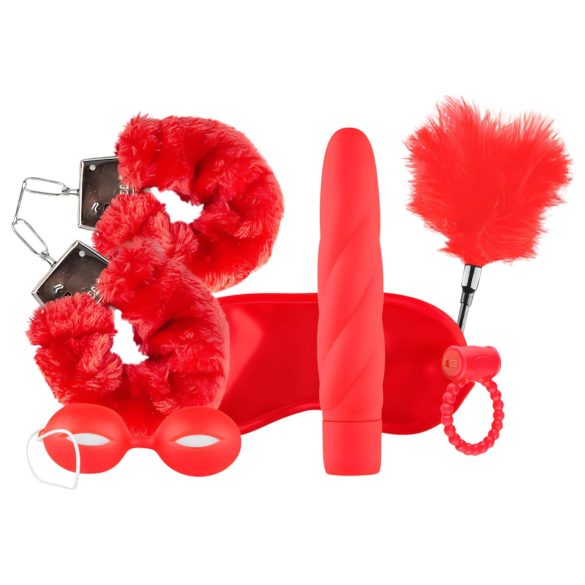 LoveBoxxx Me encanta el Rojo - Kit de vibrador con esposas (6 piezas) - rojo