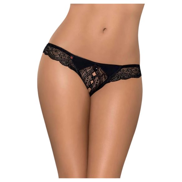 Obsessive Miamor - Tanga de Encaje Abierto con Detalles de Piedras (Negro) - XXL