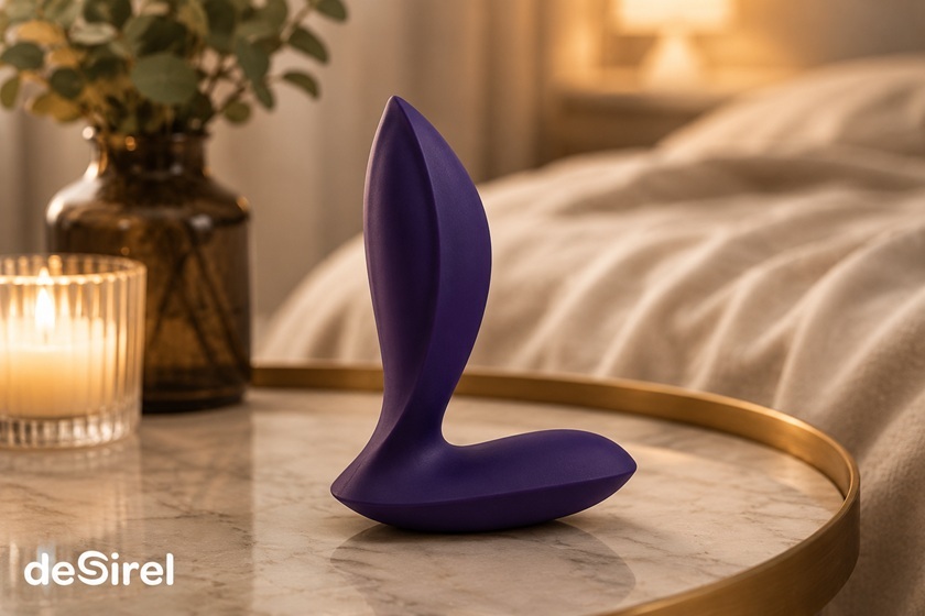 Juguete anal morado para principiantes en un dormitorio cálido y discreto | Sex Shop España Desirel.es