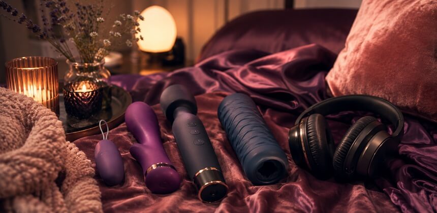 Juguetes silenciosos y auriculares sobre satén morado crean un ambiente íntimo de asmr sexual | Sex Shop España Desirel.es